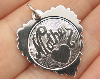 925 Sterling Silver Vintage Satin Finish "Mother" Heart Charm Pendant