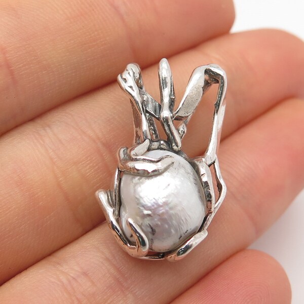 925 Sterling Silver Vintage Real Pearl Modernist Pendant