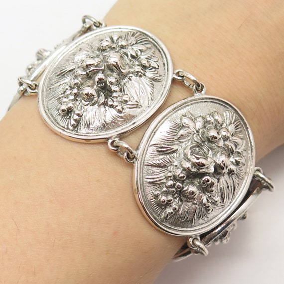 800 Silver Vintage Floral Panel Link Bracelet 7" - image 1