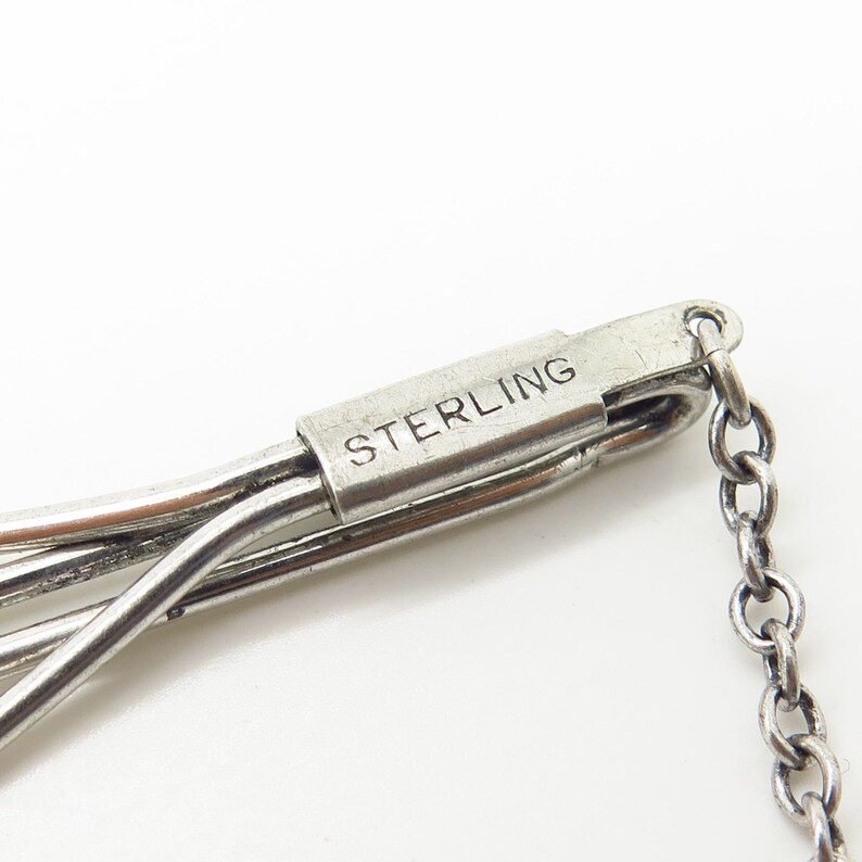 Antique Sterling Silver Marcasite Jim Initial Tag Mens Tie Clip with Chain
