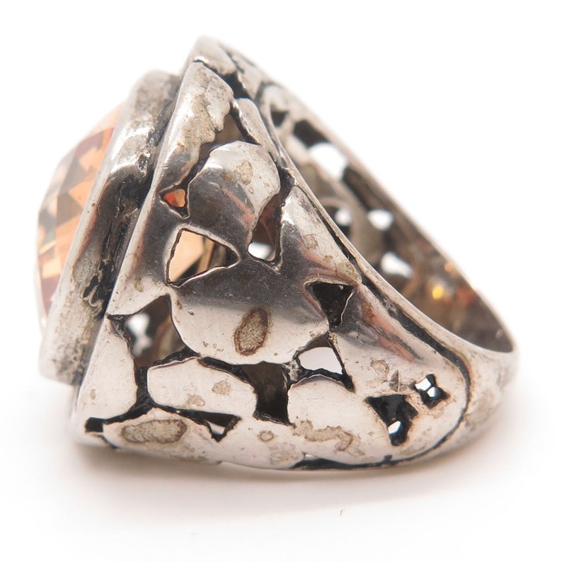 925 Sterling Silver Large Cognac CZ Modernist Ring Size 5 34