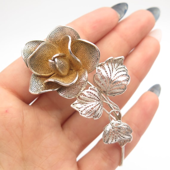 900 Coin Silver Vintage Rose Floral Filigree Pin Brooch Etsy