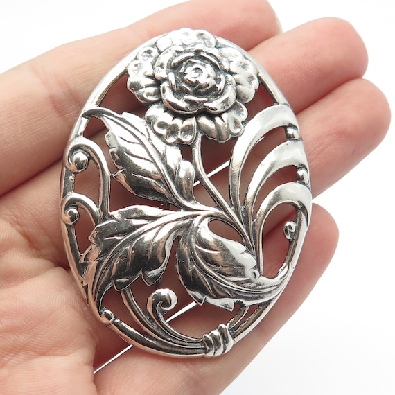 Antique  Floral Engraved Oval Brooch Sterling Silver 14F Vintage Sterling Silver Floral Brooch: Etched Oval Design - Etsy main image 2