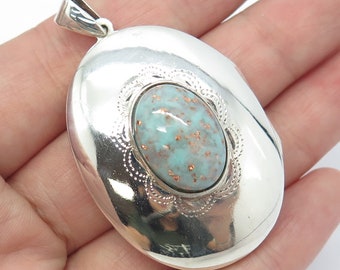 925 Sterling Silver Vintage Faux Turquoise Oval Locket Pendant