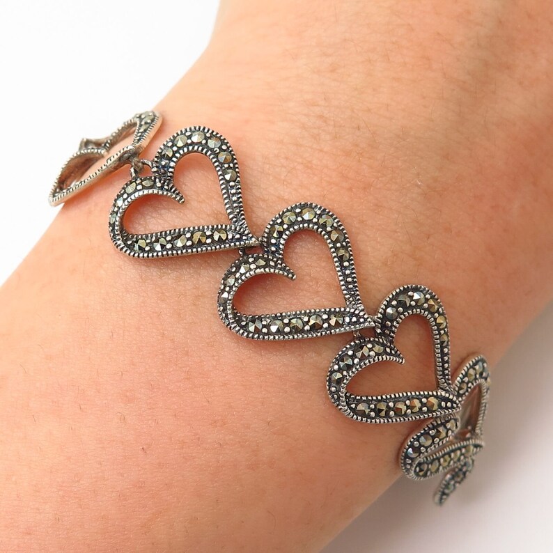 925 Sterling Silver Real Marcasite Gemstone Heart Design Link Bracelet 7.5