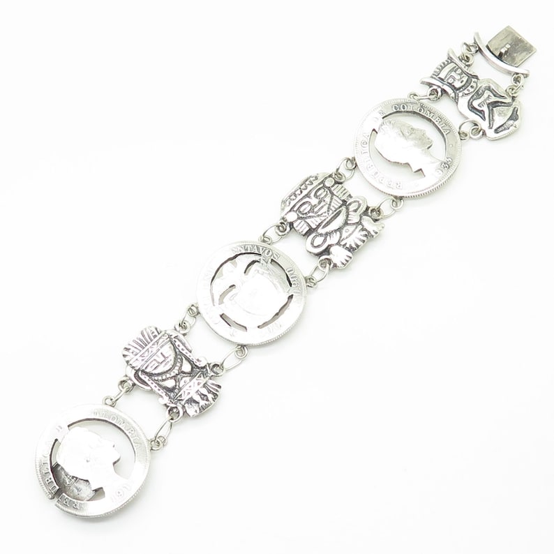 Vtg 900 Silver Colombia Coin Cutout Design and Tribal Theme Wide Link Bracelet 7
