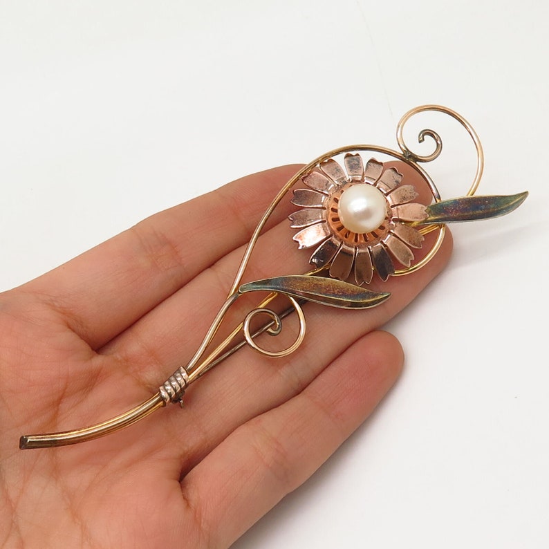 925 Sterling12K G.F Vintage Van Dell Real Pearl Floral Design Large Brooch