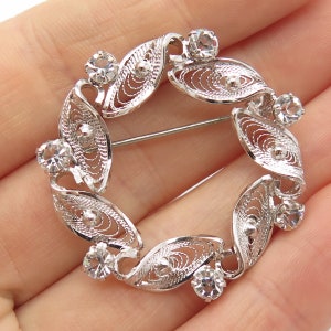 925 Sterling Silver Vintage Am Lee C Z Filigree Pin Brooch