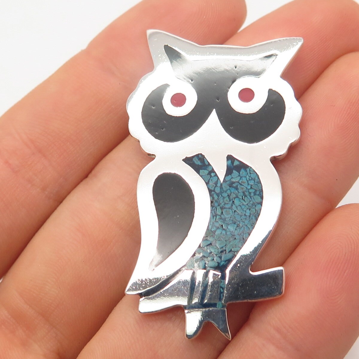 Broche vintage de búho con incrustaciones de turquesa y ónix negro mexicano en plata de ley 925