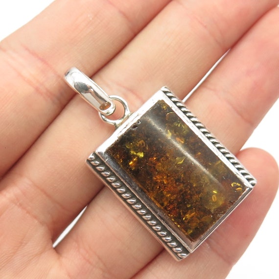 925 Sterling Silver Vintage Real Amber Pendant - image 1