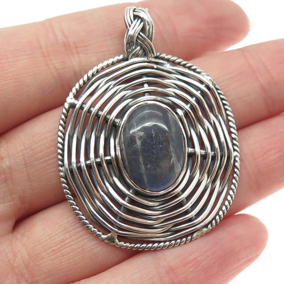 925 Sterling Silver Vintage Real Labradorite Modernist Wicker