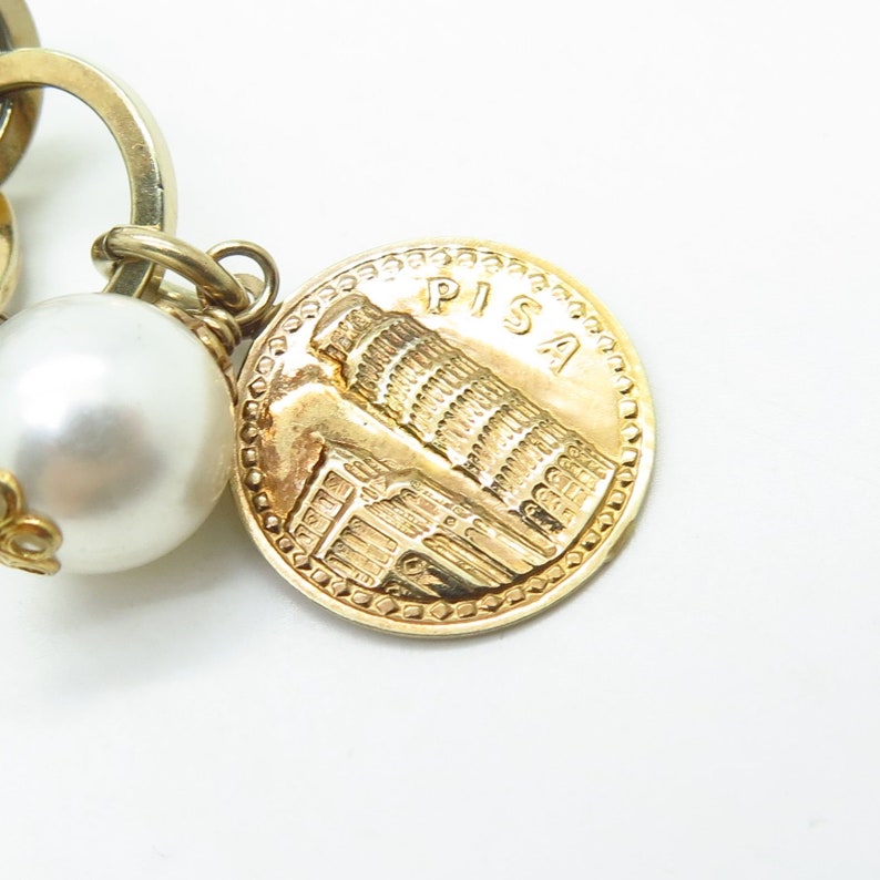 Italy 925 Sterling Gold Plated Faux Pearl Dangling Charm Chain Necklace 28