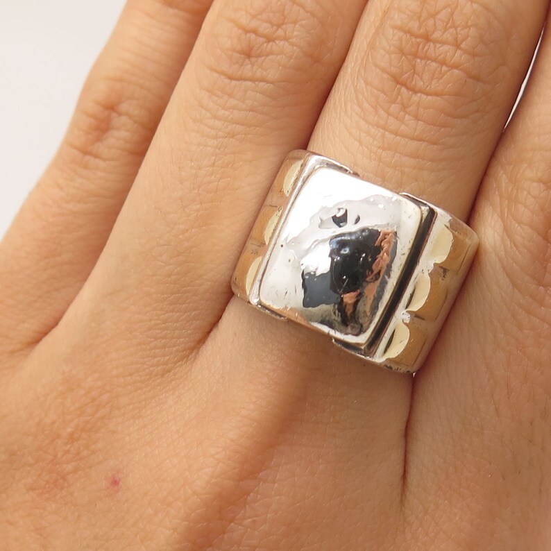 Vintage Michael Dawkins 925 Silver Gold Wide Signet Ring Size 7.5