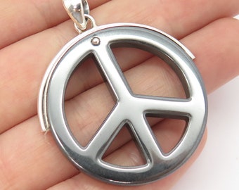 925 Sterling Silver Vintage Real Hematite Gem Symbol of Peace Pendant