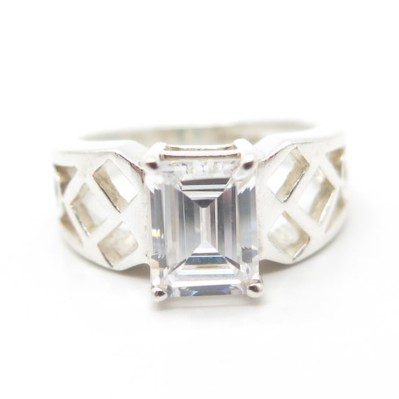 925 Sterling Silver Emerald-Cut Shaped C Z Cage R… - image 3