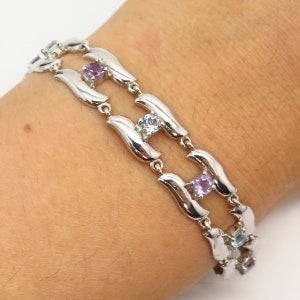 925 Sterling Silver Real Blue Topaz and Amethyst Gemstone Link Bracelet 7&quot;