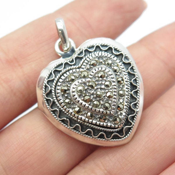 925 Sterling Silver Vintage Real Marcasite Heart Locket Pendant