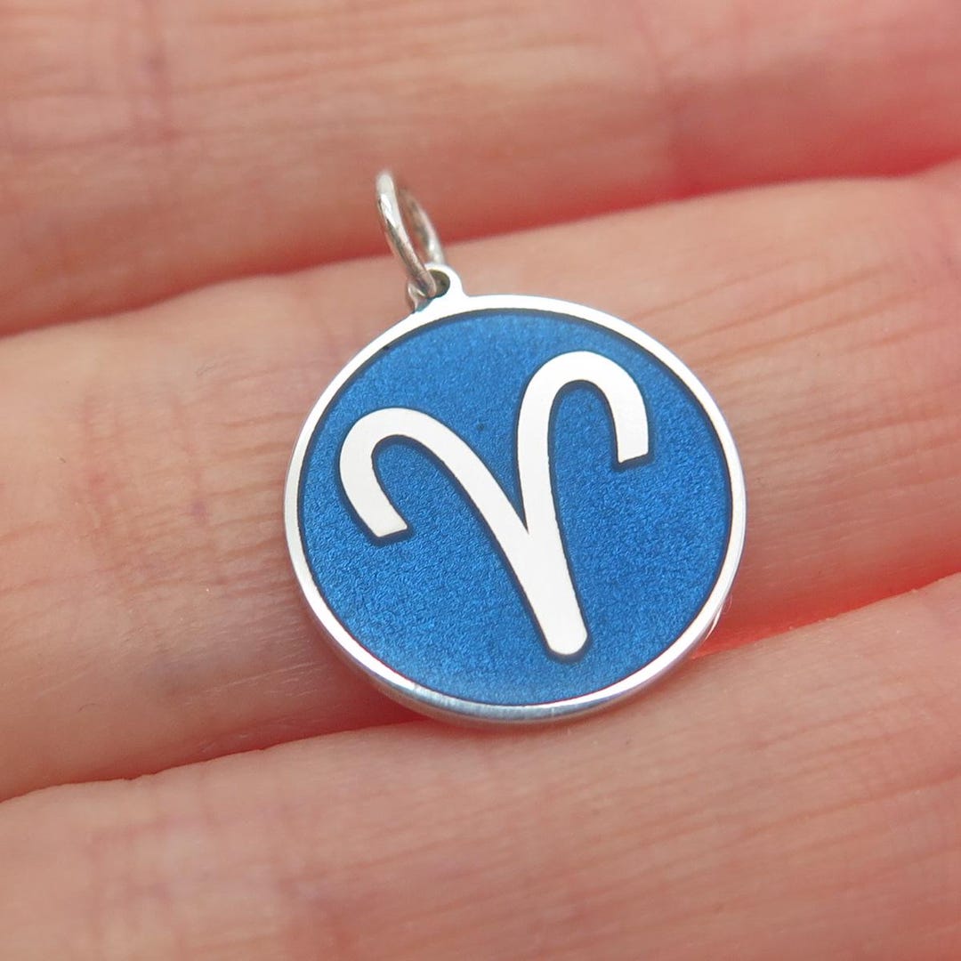925 Sterling Silver Blue Enamel Aries Zodiac Sign Minimalist Round ...