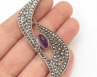 935 Silver Vintage Real Amethyst and Marcasite Gem Boomerang Pin Brooch