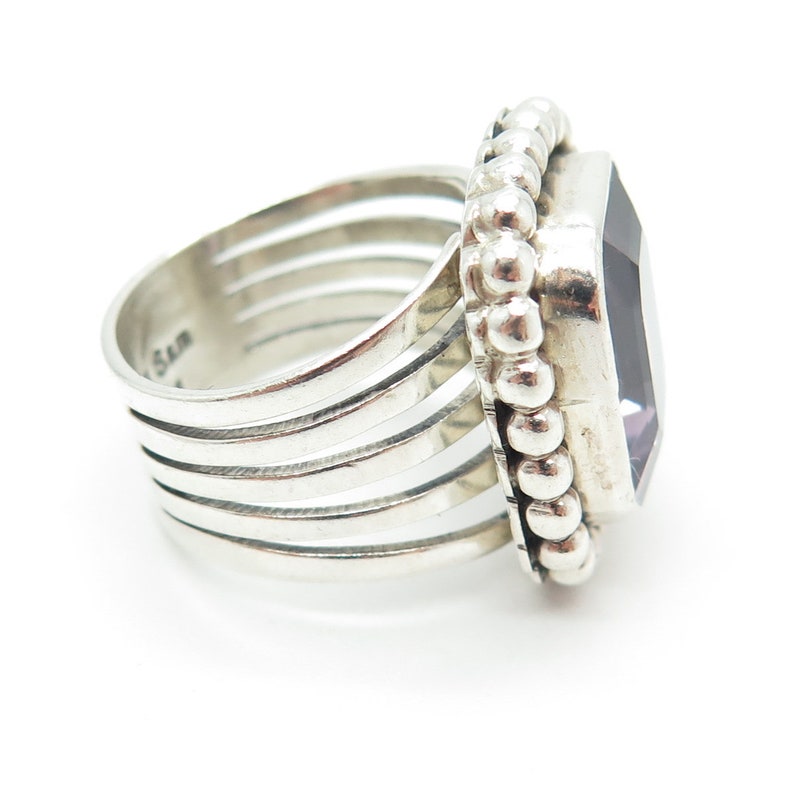 RUSSELL SAM 925 Sterling Silver Vintage Real Amethyst Gem Beaded Ring