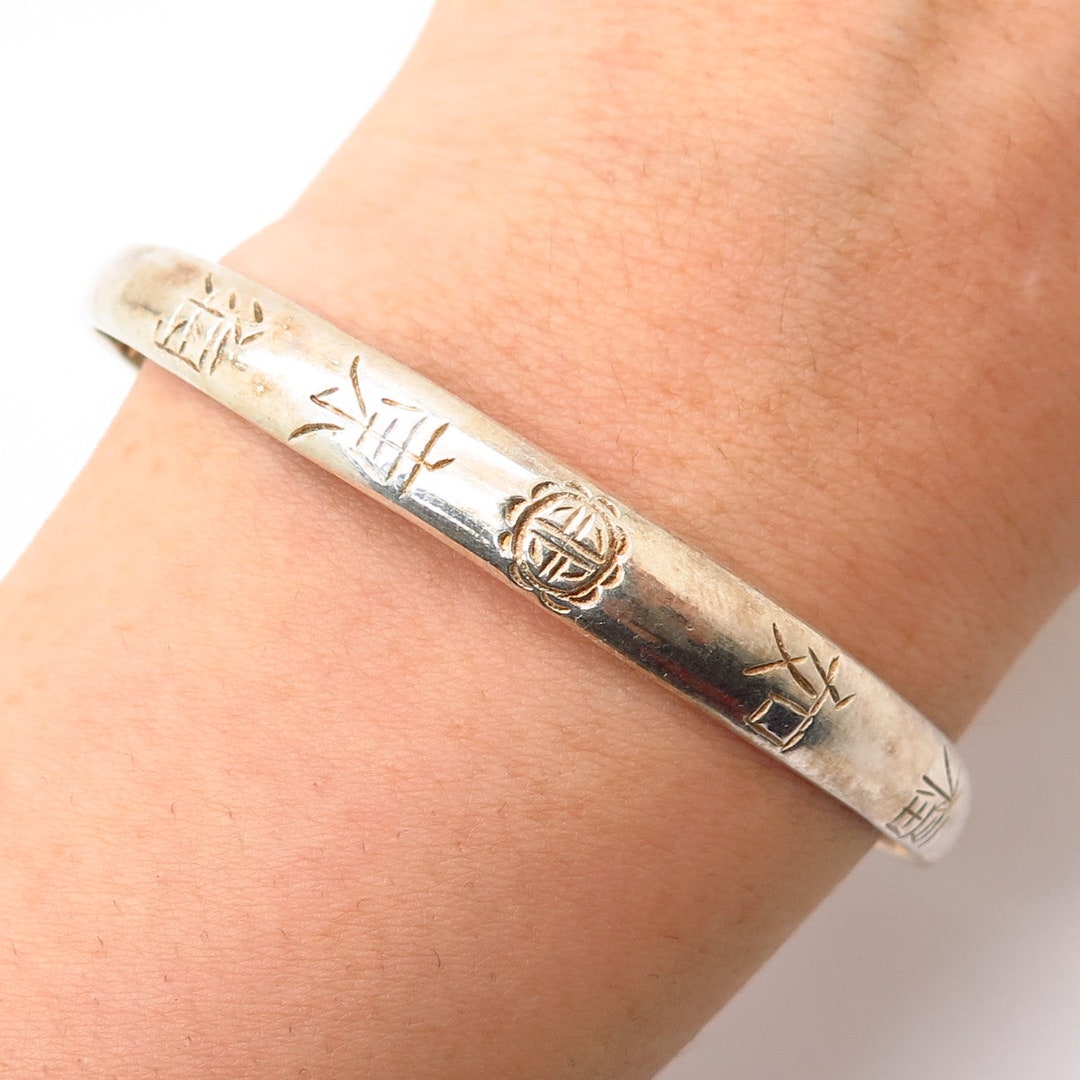 925 Sterling Silver Vintage Asia Chinese Writings Bangle Bracelet 7 1/4