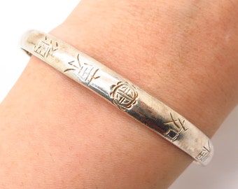 925 Sterling Silver Vintage Asia Chinese Writings Bangle Bracelet 7 1/4"