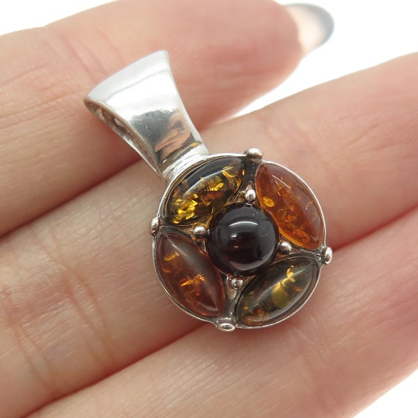 VALERIO V8 925 Sterling Silver Vintage Poland Real Amber Modernist Pendant