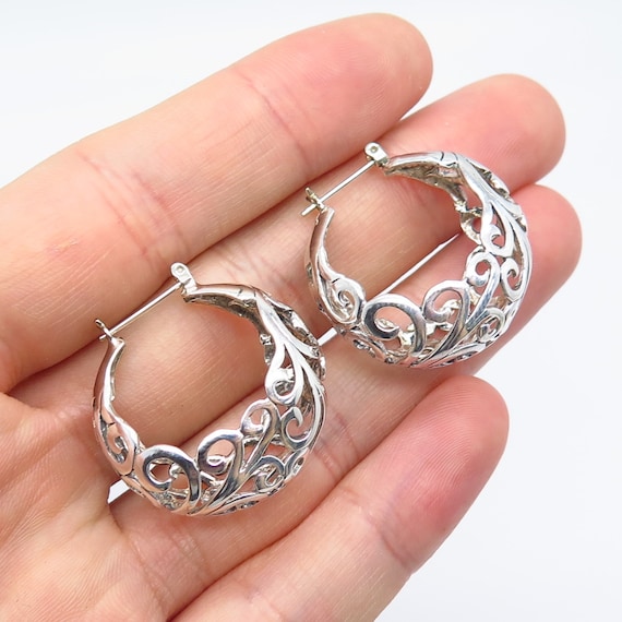 925 Sterling Silver Vintage Ornate Hoop Earrings - image 2