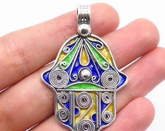 925 Sterling Silver Vintage Colorful Enamel Hamsa / Hand of Fatima Pendant