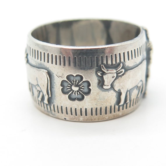 800 Silver Vintage Cow Storyteller Band Ring Size… - image 4