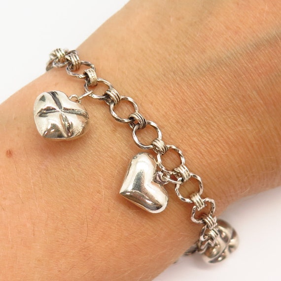 Sterling Silver Puffy Heart Charms Link Bracelet 7.5