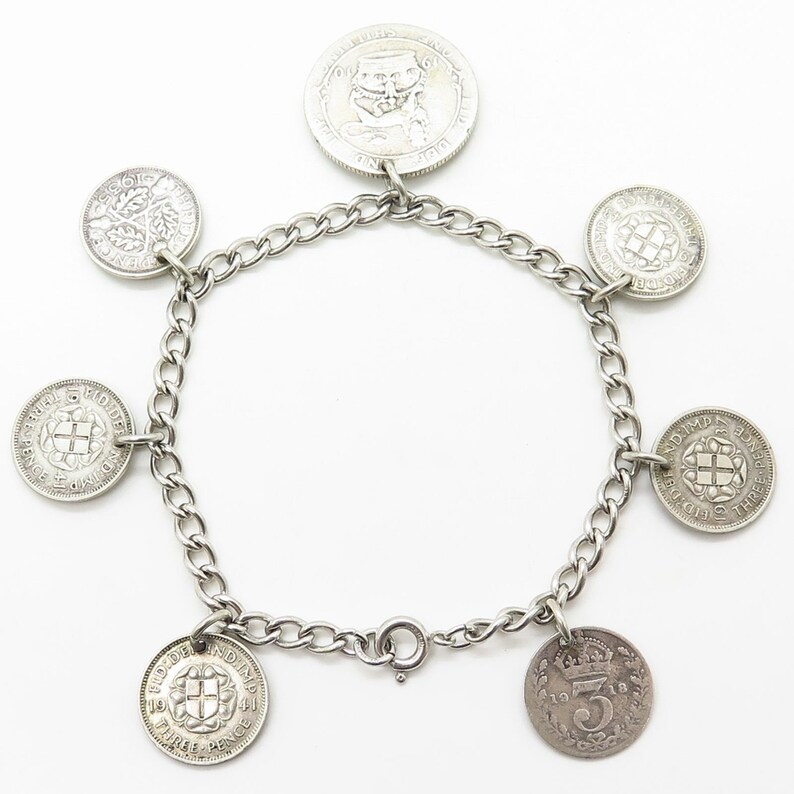 Vtg 925 Sterling Silver Assorted British Coins Dangling Cable Link Bracelet 7