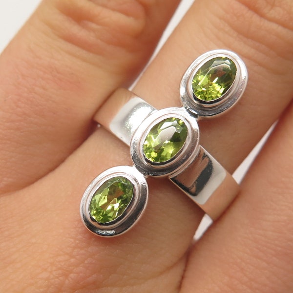 925 Sterling Silver Vintage Real Peridot Gem Triple Oval Statement Ring Size 8