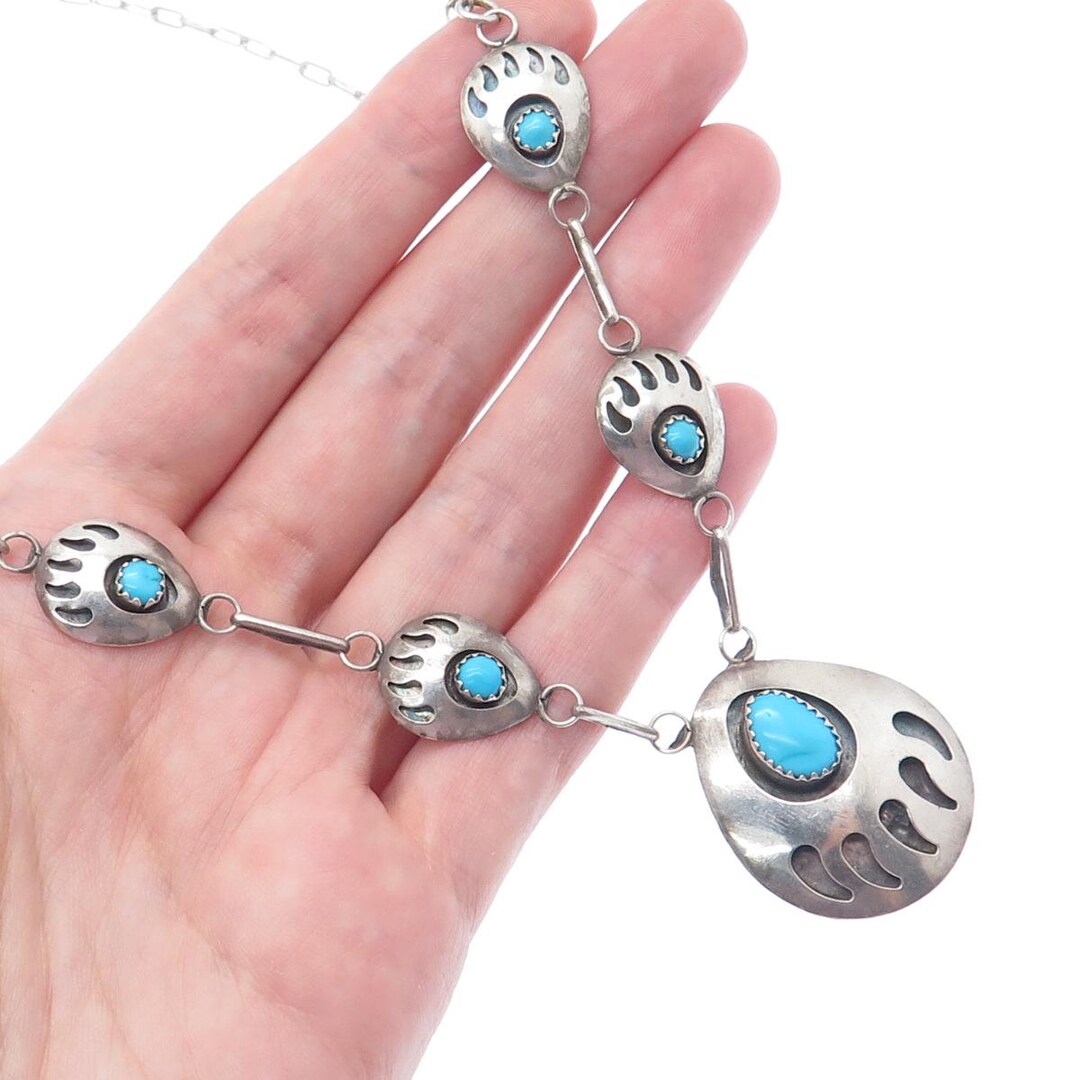 SELENA JAKE Old Pawn 925 Sterling Silver Turquoise Bear Paw Chain ...
