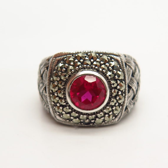 925 Sterling Silver Real Marcasite and Ruby-Tone … - image 2