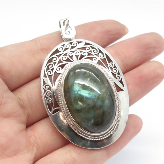 Pendentif Vintage Argent Massif 925 Avec Labradorite - Bijou Imposant, Très Bon état Occasion