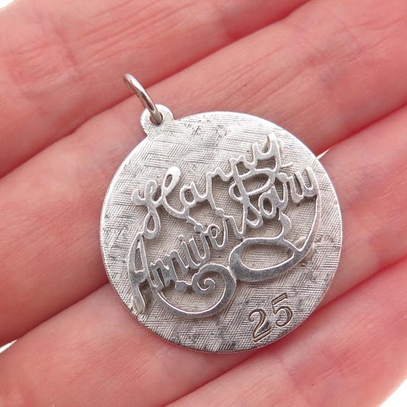 925 Sterling Silver Vintage Engraved Happy 25th Anniversary Charm Pendant