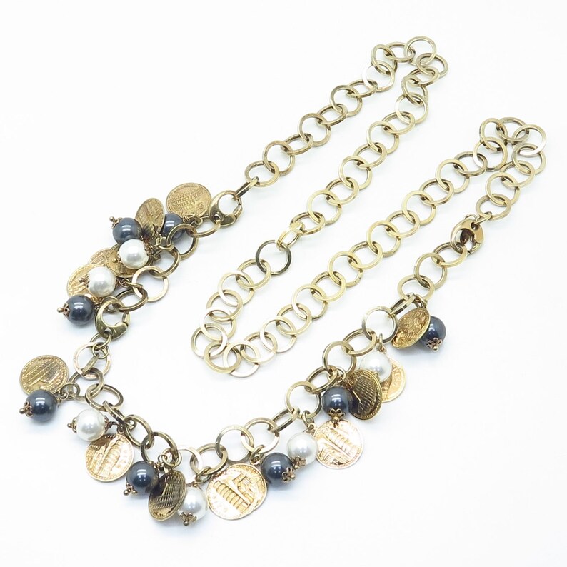 Italy 925 Sterling Gold Plated Faux Pearl Dangling Charm Chain Necklace 28