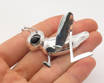 925 Sterling Silver Vintage Mexico Real Black Onyx Gem Grasshopper Pin Brooch