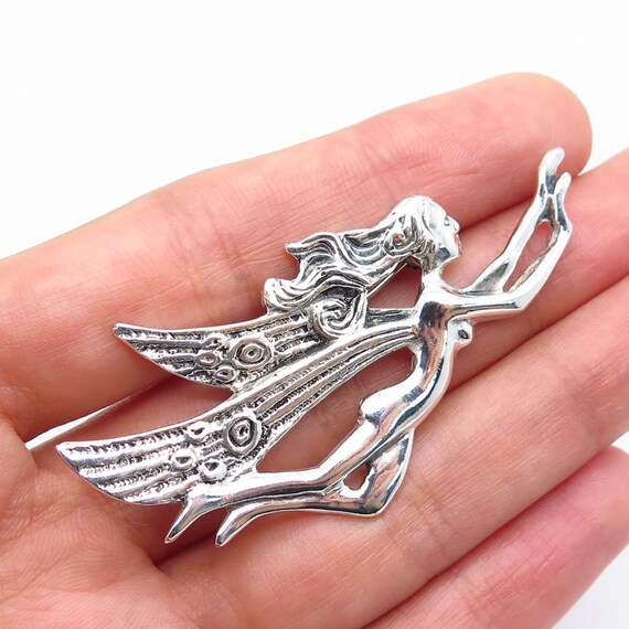 925 Sterling Silver Vintage Fairy Naked Girl Pin … - image 1