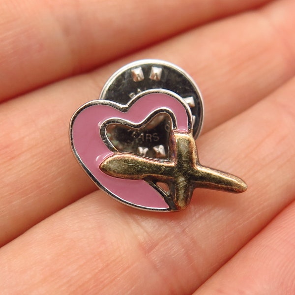 925 Sterling Silver 2-Tone Antique B.A. Ballou Enamel Heart and Cross Design Pin