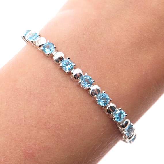 925 Sterling Silver Vintage Real Round-cut Blue Topaz Tennis Link