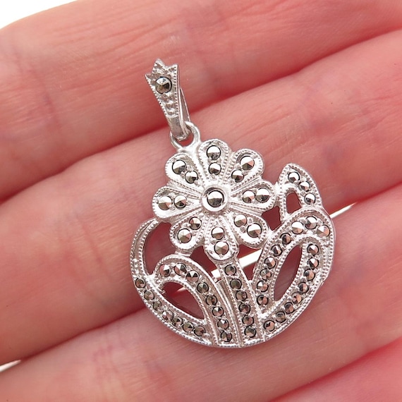 Kimler & Daniel Sterling Silver Antique Art Deco Real Marcasite Floral Pendant