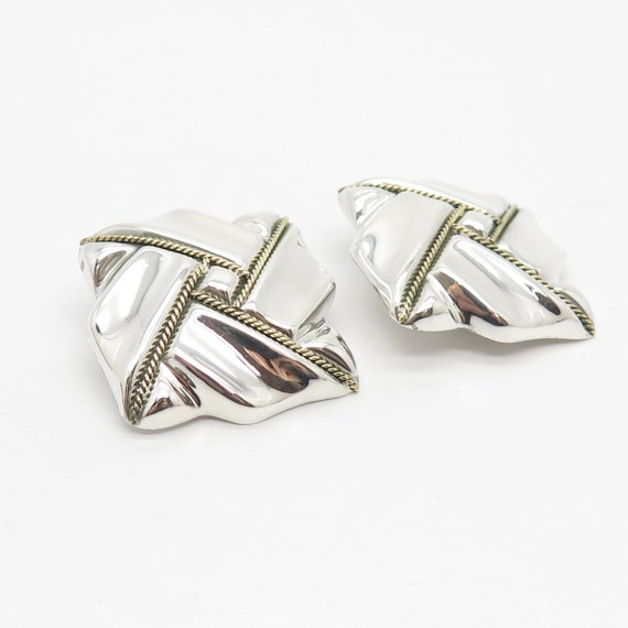 925 Sterling Silver 2-Tone Vintage Ribbed Clip On… - image 5