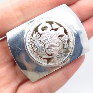 925 Sterling Silver Antique 1907 Peruvian Dinero Coin Belt Buckle