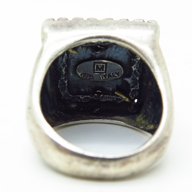 Italy Signed 925 Sterling Silver 2 Tone Real Black Onyx Gem Wide Ring Size 6 34