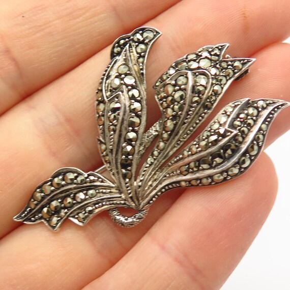 925 Sterling Silver Vintage Real Marcasite Gem Leaf Design Pin