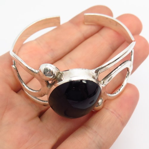 925 Sterling Silver Vintage Mexico Black Onyx Gem Swirl Cuff Bracelet 6 shops 1/4