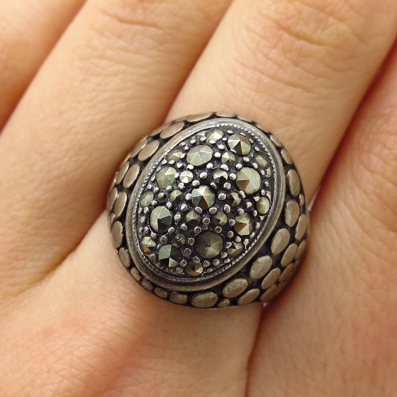Vtg 925 Sterling Silver Marcasite Gemstone Wide Granulated Ring Size 8