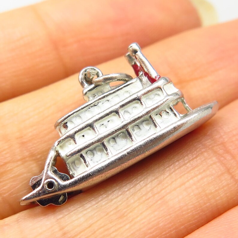 Vintage Signed 925 Sterling Silver Enamel Steamboat Moveable Charm Pendant